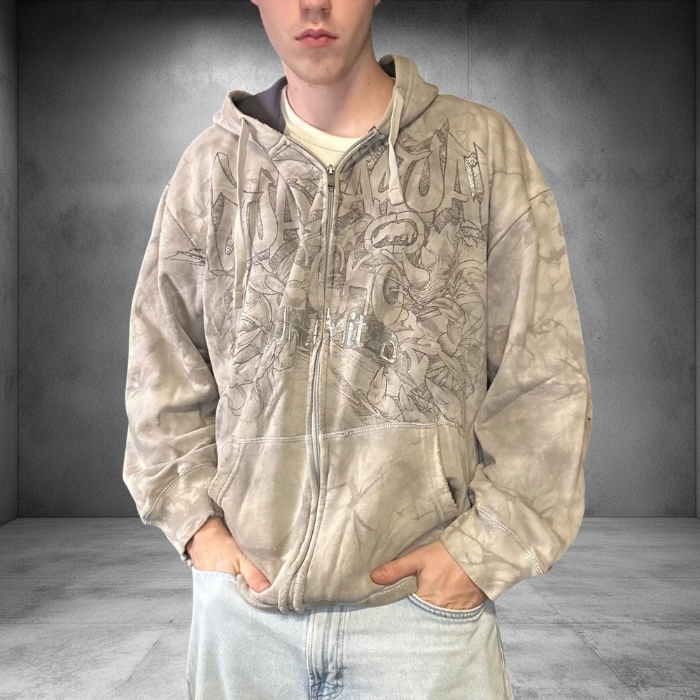 Vintage Ecko Unltd Graffiti Zip Up Hoodie Mens 2XL Gray Tie Dye Y2K Streetwear